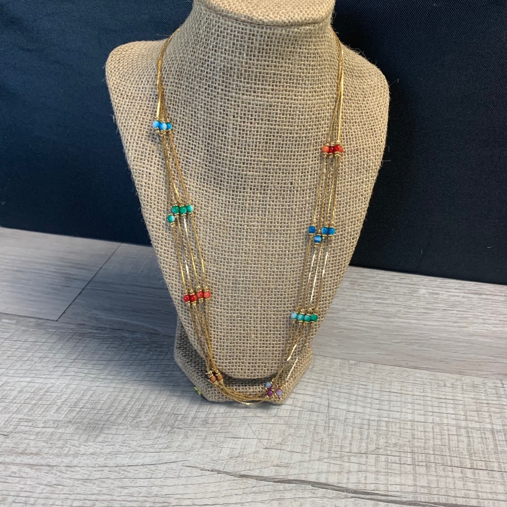 Multi Strand Liquid Gold Bead Necklace Colorful Boho Triple Chain 24 Inch 4110
